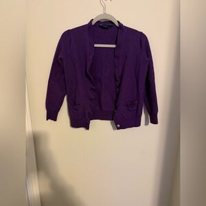 Ralph Lauren Purple Women's Cardigan ruffle trim large merino wool 3/4 sleeves